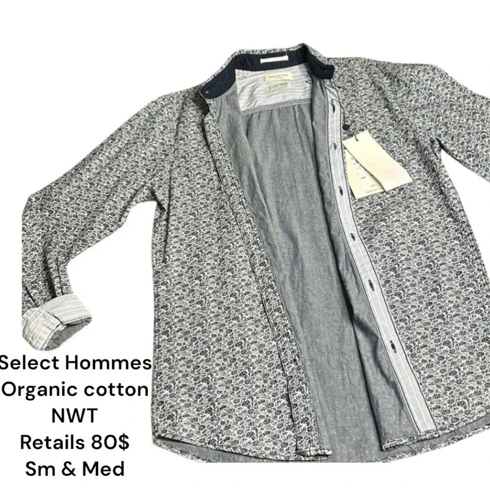 SELECTED HOMME ,organic cotton ,men shirt SM ,MEDIUM floral,stripes , 2 tone